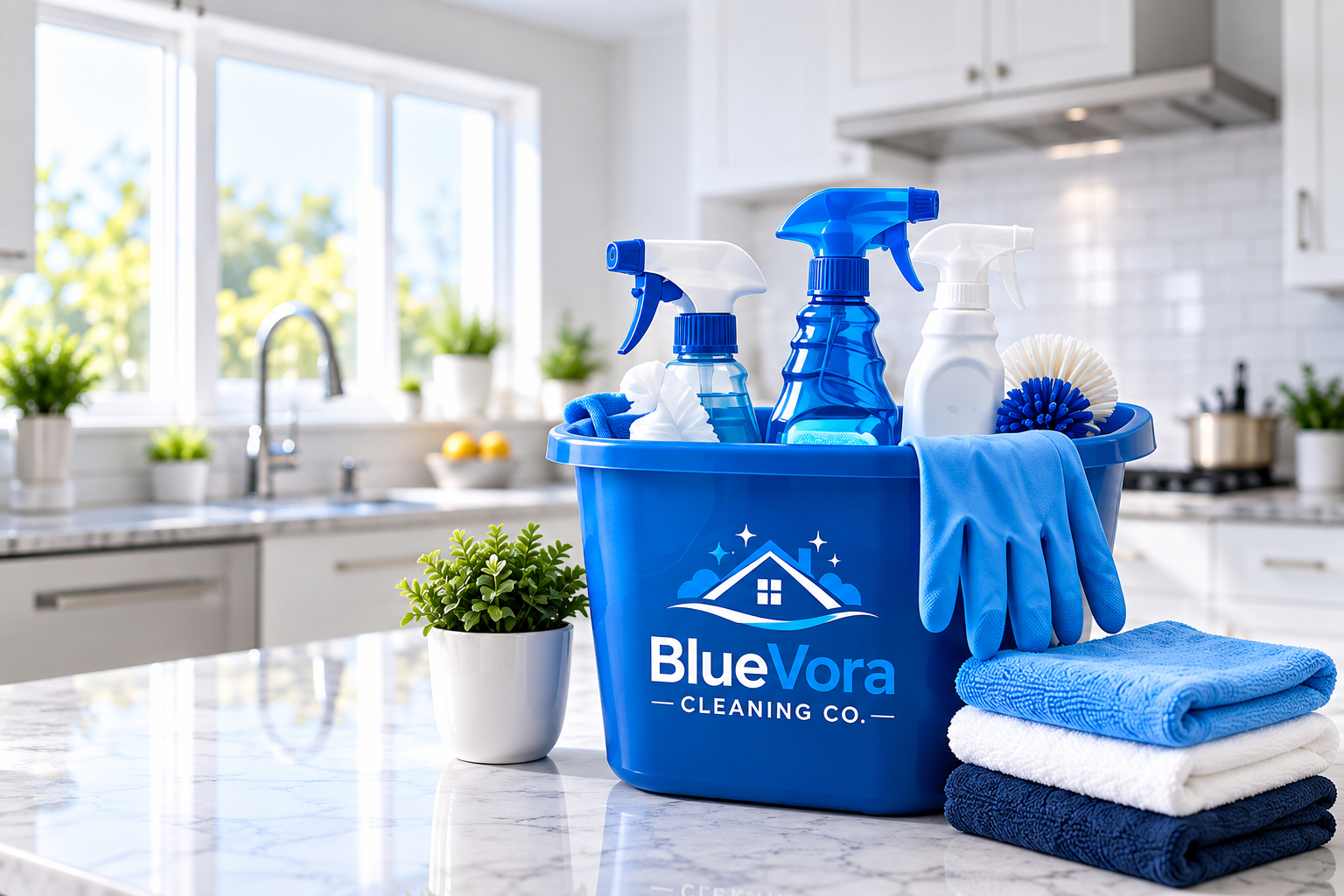 BlueVora cleaning bucket with spray bottles, gloves and folded towels on a marble kitchen counter